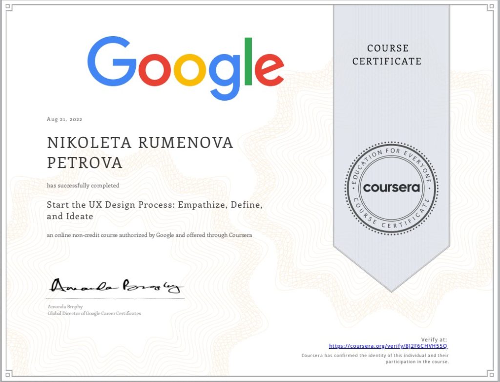 Certificate in UX by Google via Coursera